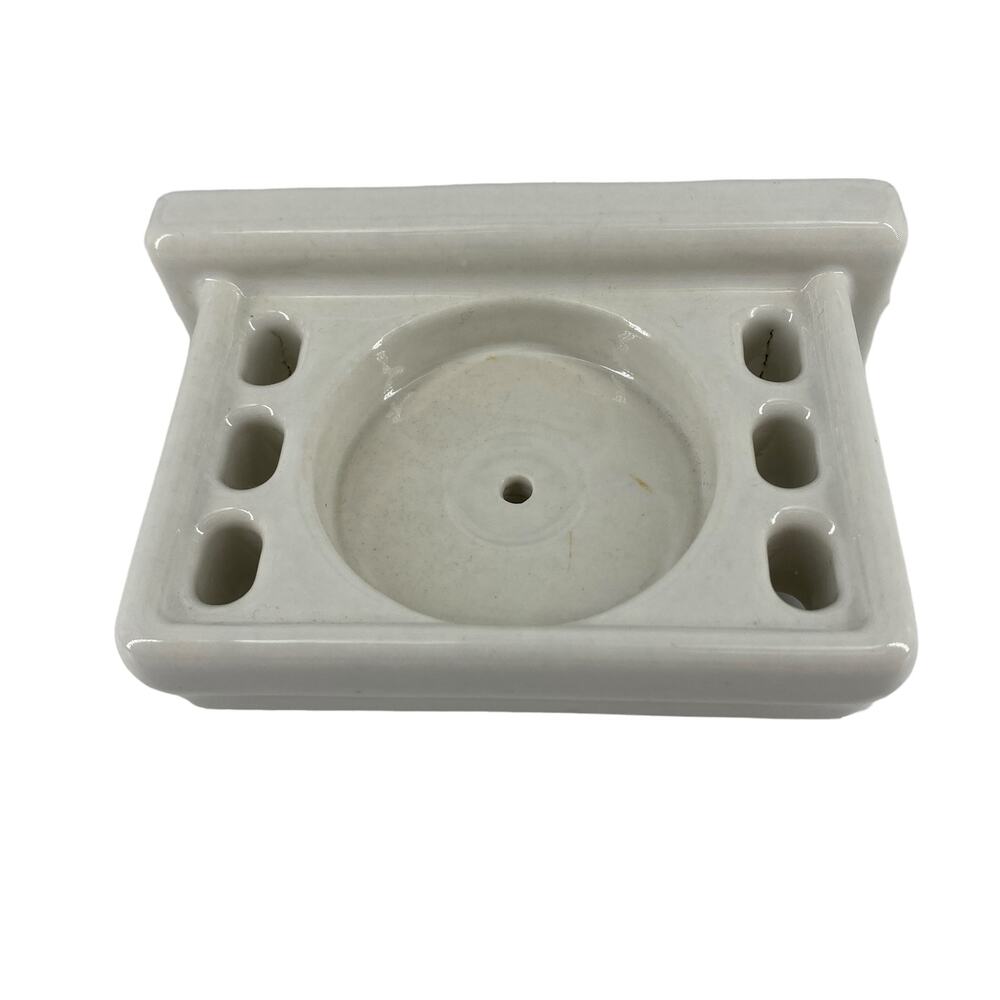 Vintage Ceramic 6-Slot Toothbrush and Cup Holder Wall Mount Antique Bath Reno